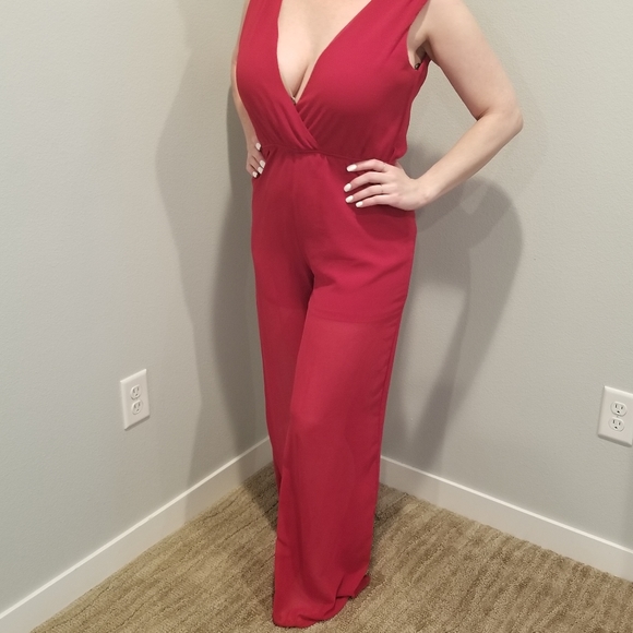 (E&M) Sheer Red Jumpsuit - Picture 2 of 4